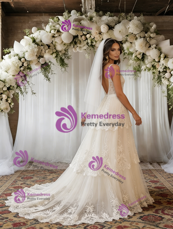 Ivory Tulle Lace V-neck Wedding Dress