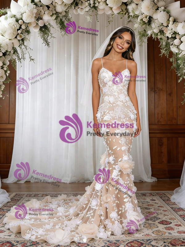 Mermaid Tulle 3D Flower Straps Wedding Dress