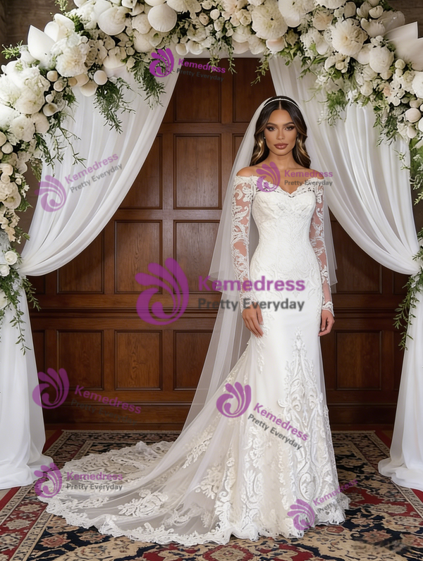 White Mermaid Lace Long Sleeve Wedding Dress