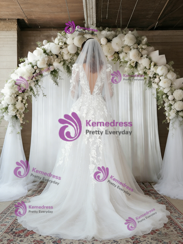 White Tulle V-neck Appliques Wedding Dress
