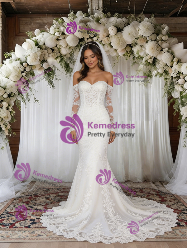 White Mermaid Lace Long Sleeve Wedding Dress