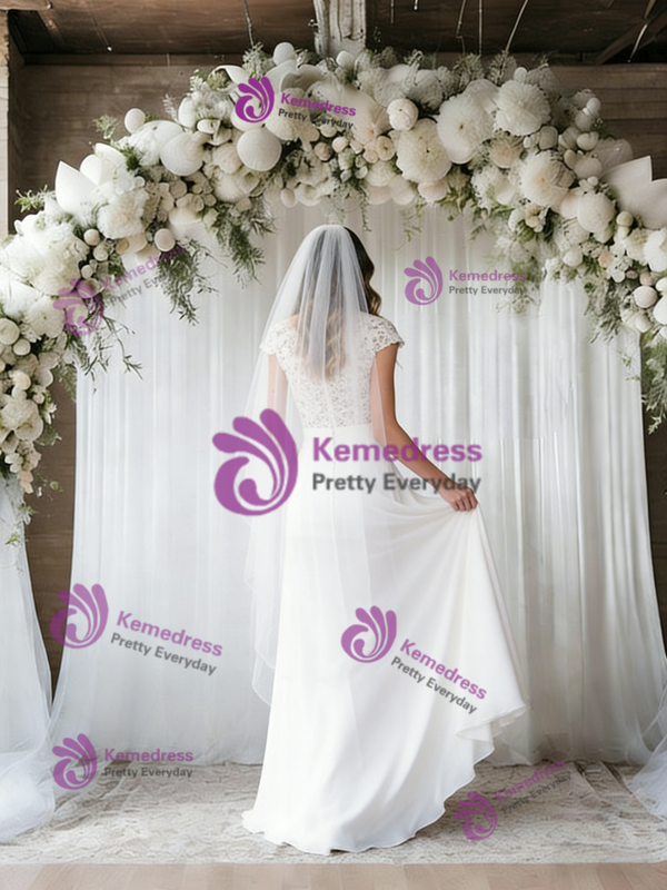 White Chiffon Lace Scoop Neck Wedding Dress