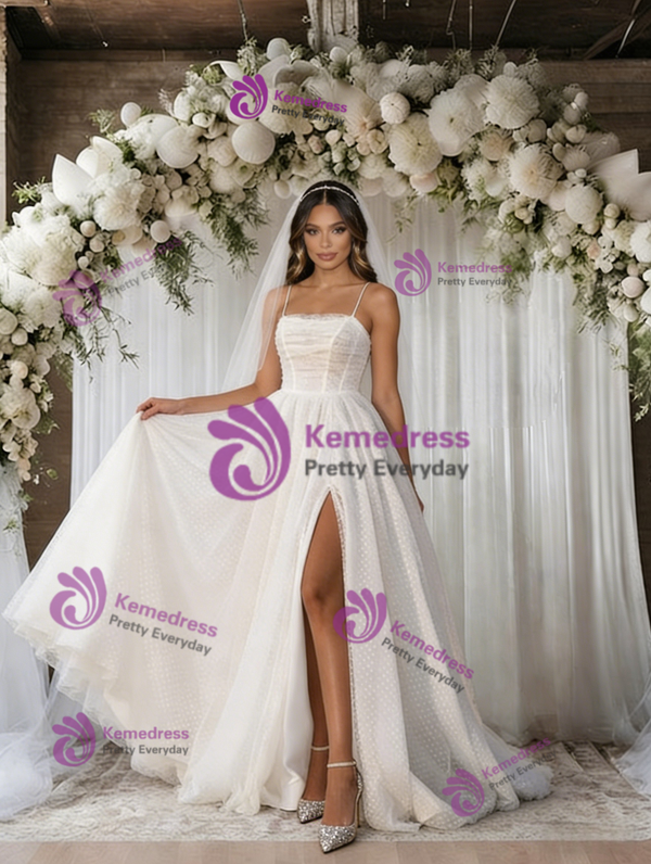 White Tulle Spaghetti Straps Pleats Wedding Dress