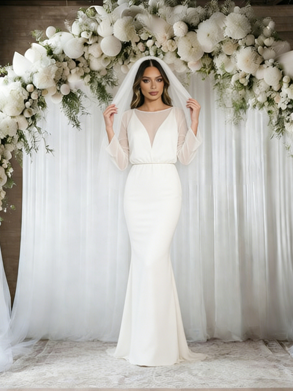 White Mermaid Long Sleeve Wedding Dress