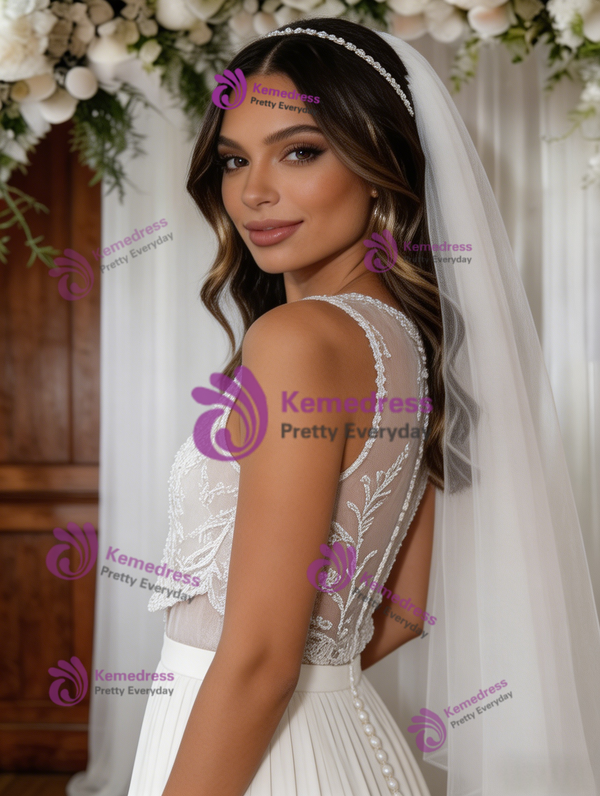 White Chiffon Lace Pleats Wedding Dress