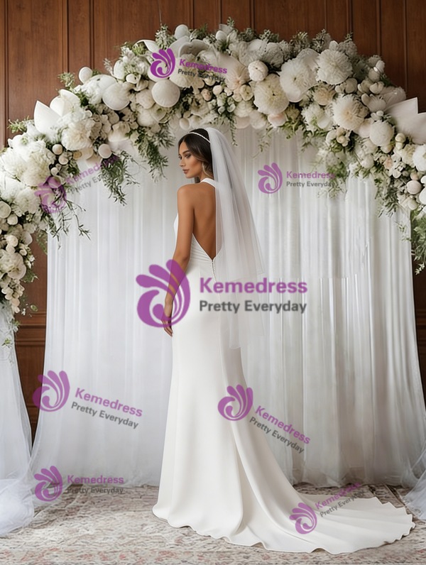 White Mermaid Halter Backless Wedding Dress