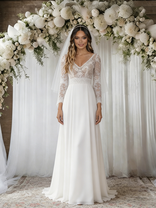 White Chiffon V-neck Long Sleeve Wedding Dress