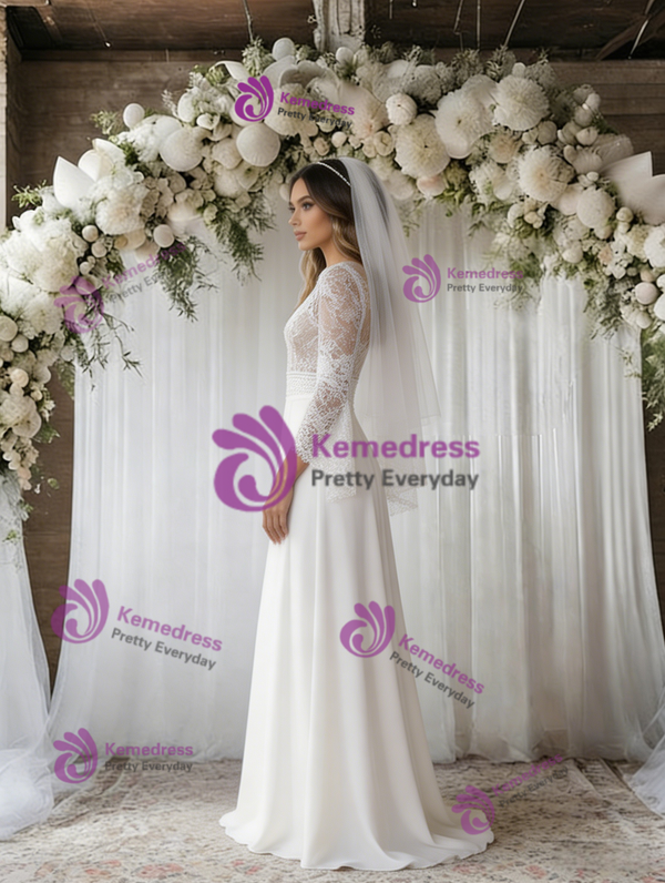 White Chiffon V-neck Long Sleeve Wedding Dress