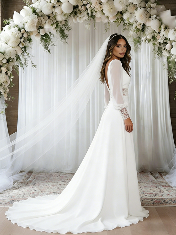 White Chiffon Long Sleeve Backless Wedding Dress
