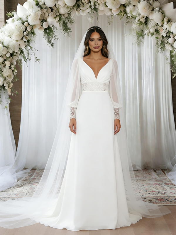 White Chiffon Long Sleeve Backless Wedding Dress