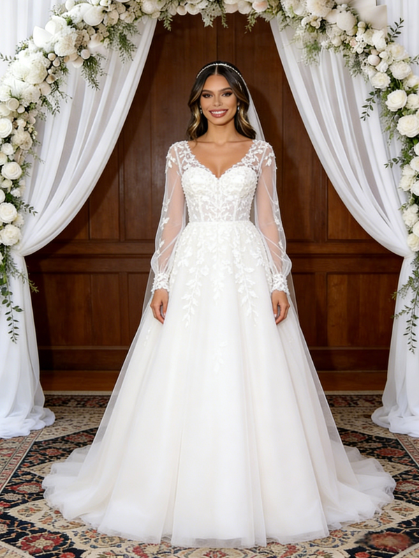 White Tulle Appliques Long Sleeve Wedding Dress