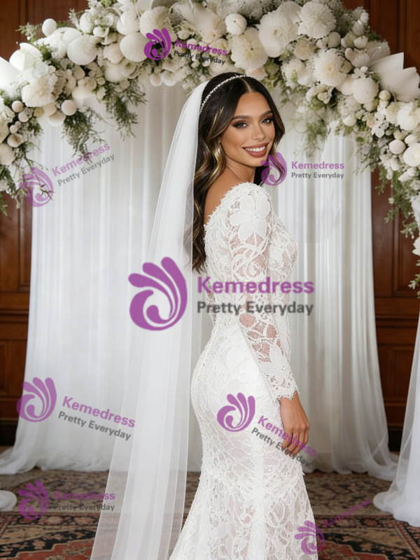 White Mermaid Lace Long Sleeve Wedding Dress