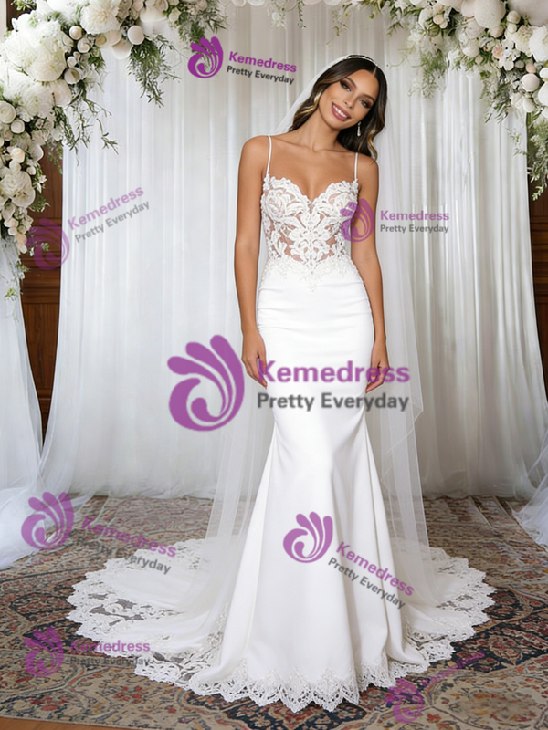 White Mermaid Spaghetti Strapa Appliques Wedding Dress