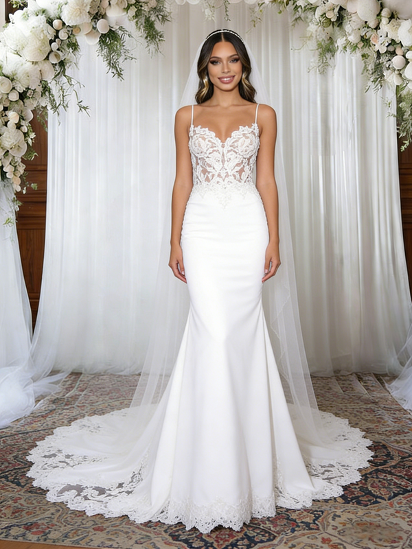 White Mermaid Spaghetti Strapa Appliques Wedding Dress