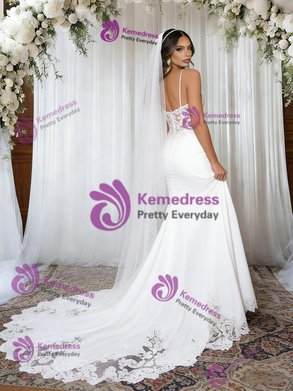 White Mermaid Spaghetti Strapa Appliques Wedding Dress