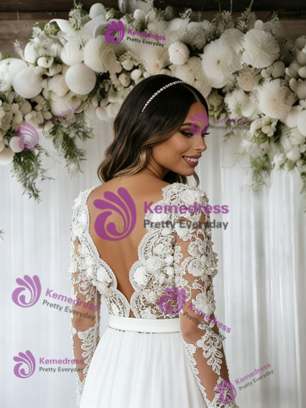 White Chiffon Long Sleeve 3D Flower Wedding Dress