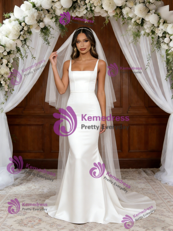 White Mermaid Straps Backless Wedding Dress