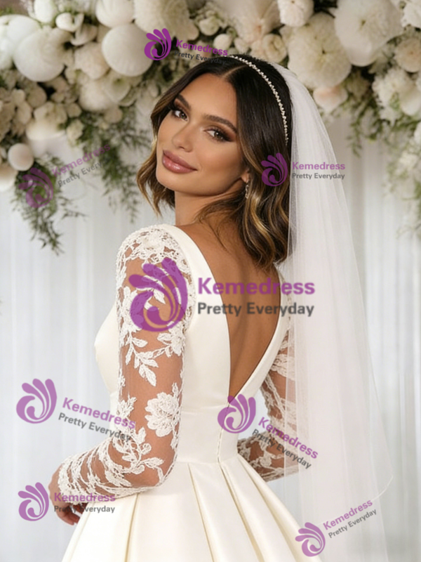 White Satin Long Sleeve Appliques Wedding Dress