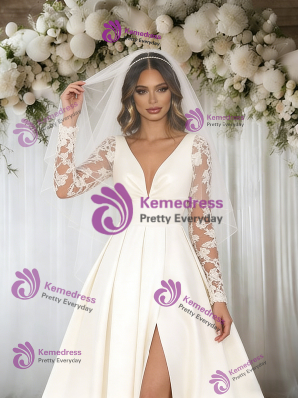 White Satin Long Sleeve Appliques Wedding Dress