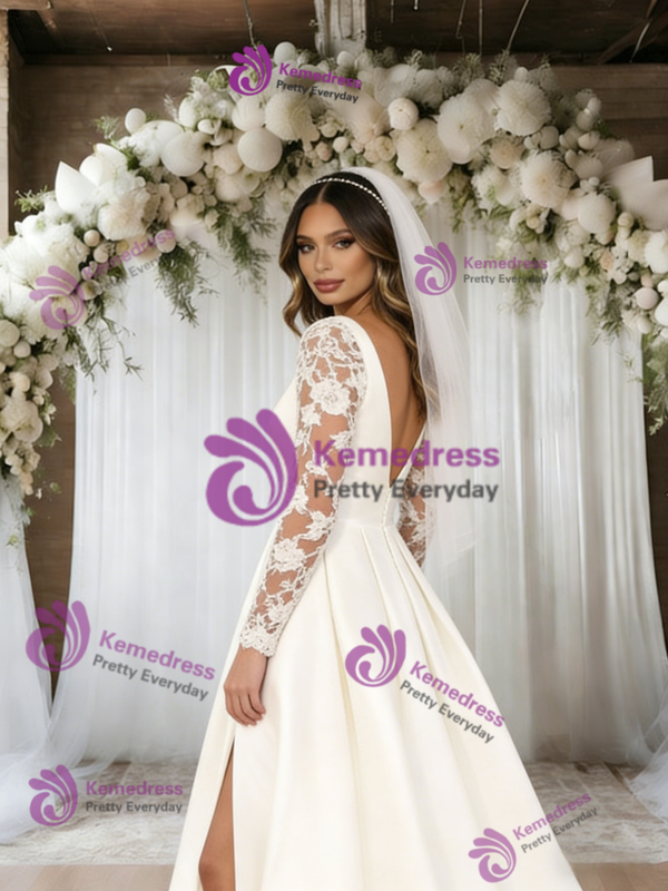 White Satin Long Sleeve Appliques Wedding Dress