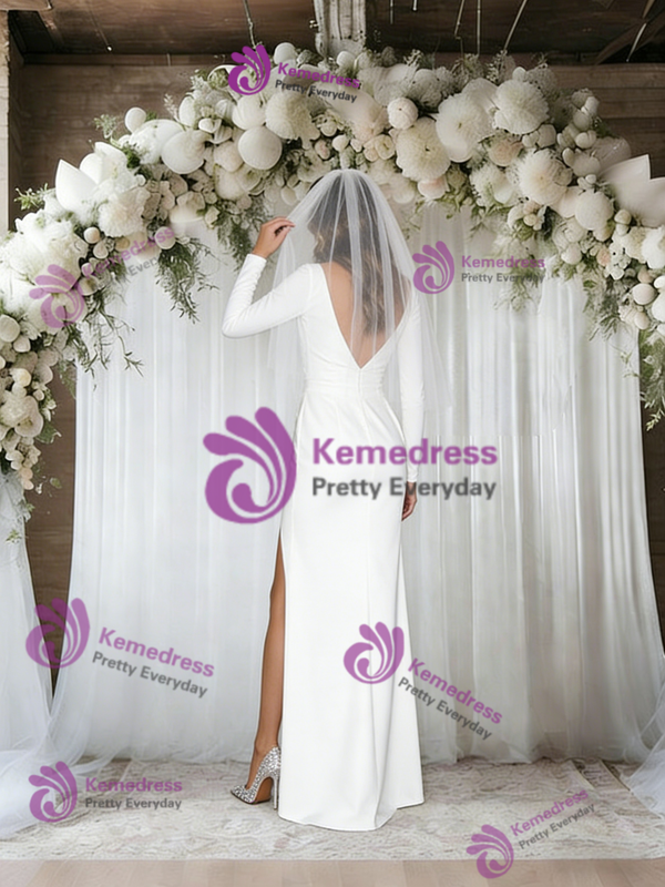 White Long Sleeve V-neck Pleats Wedding Dress