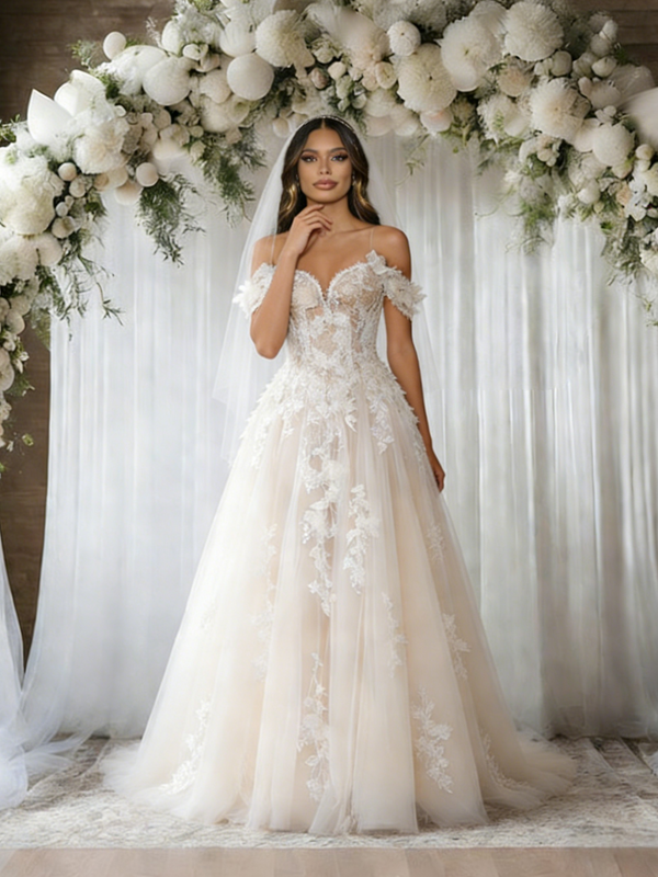 White Tulle Off the Shoulder Appliques Wedding Dress