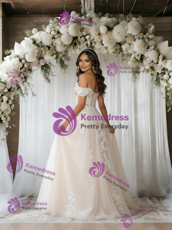 White Tulle Off the Shoulder Appliques Wedding Dress