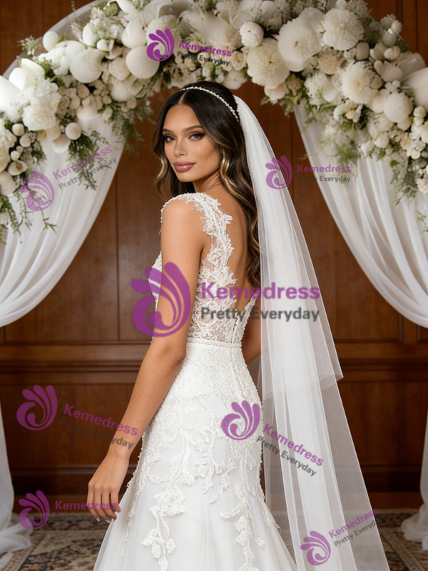 White Tulle Lace Appliques Wedding Dress