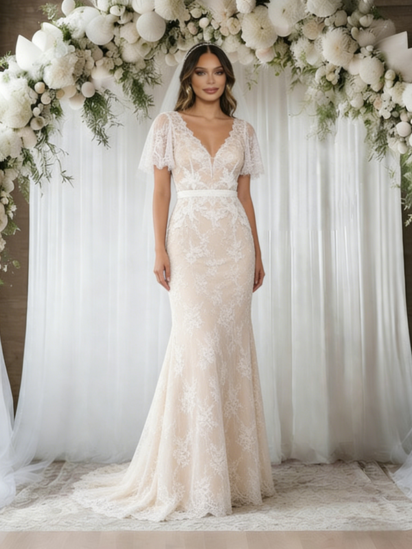 Ivory Mermaid Lace V-neck Wedding Dress