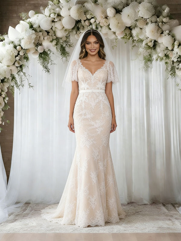 Ivory Mermaid Lace V-neck Wedding Dress