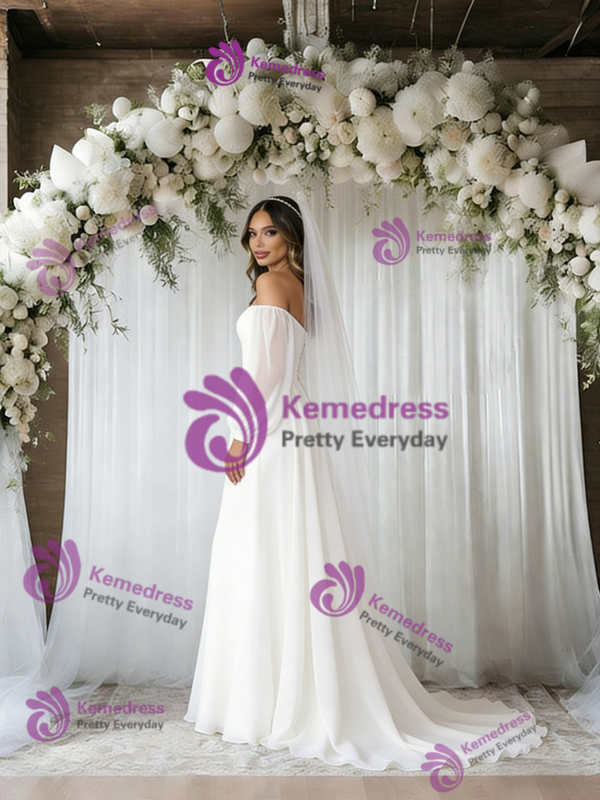 White Off the Shoulder Long Sleeve Wedding Dress