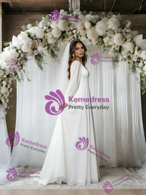 White Long Sleeve V-Neck Wedding Dress