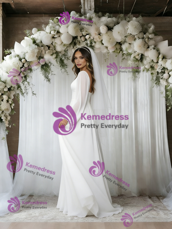 White Long Sleeve V-Neck Wedding Dress