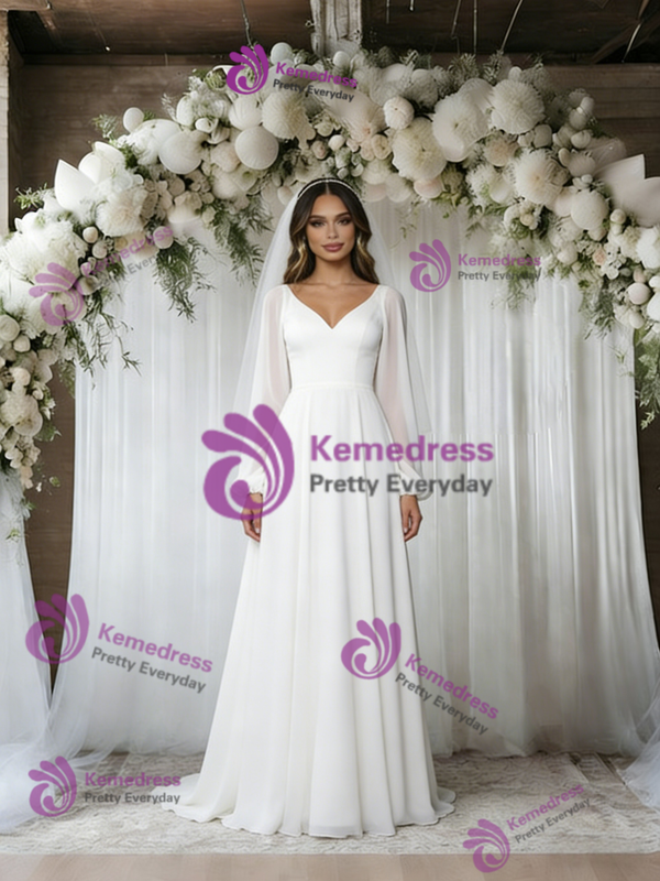 White Long Sleeve V-Neck Wedding Dress