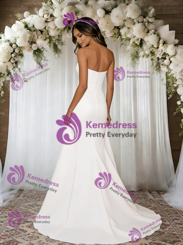 White Mermaid Strapless Pleats Wedding Dress