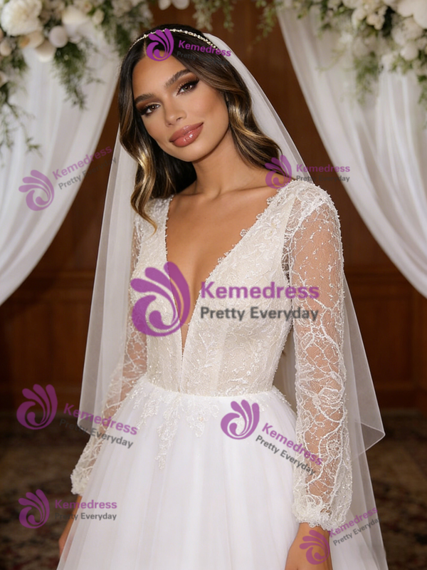 White Tulle V-neck Long Sleeve Wedding Dress