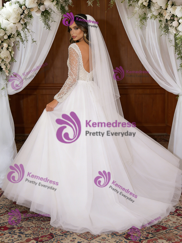 White Tulle V-neck Long Sleeve Wedding Dress