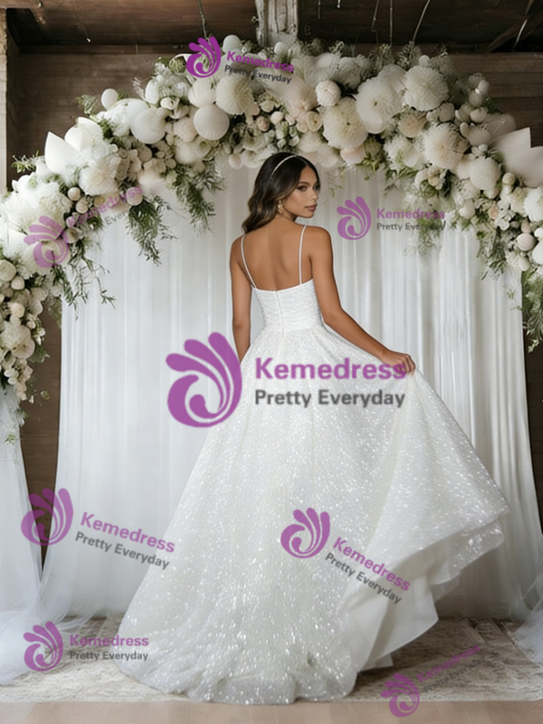 White Sequins Spaghetti Straps Wedding Dress