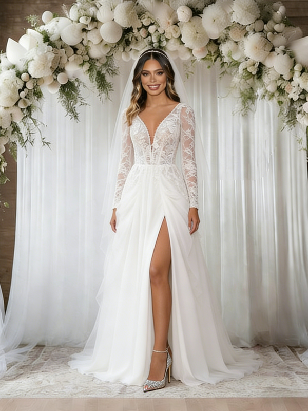 White Tulle Lace Split Wedding Dress