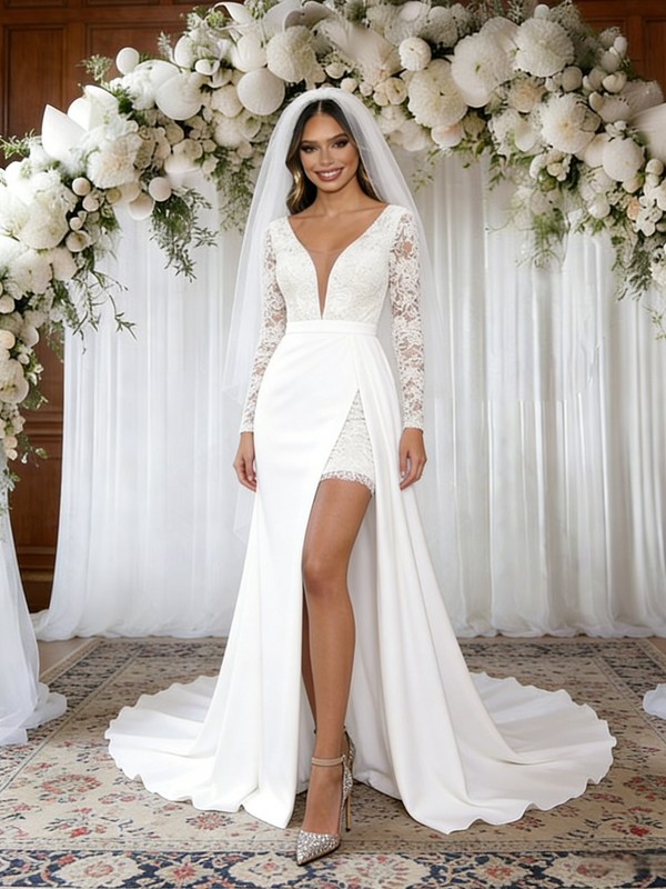 White Long Sleeve Lace V-neck Wedding Dress