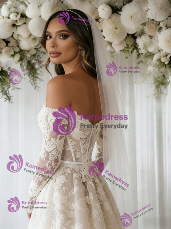 Beige White Lace Long Sleeve Wedding Dress