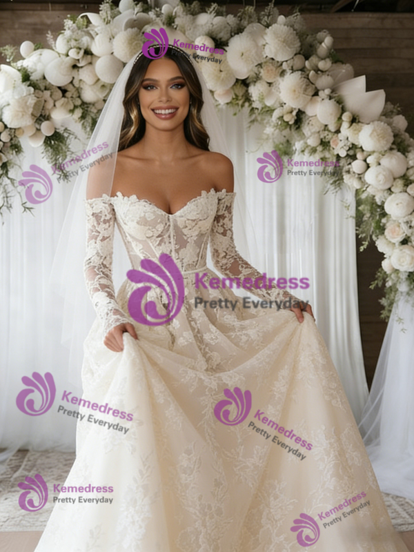Beige White Lace Long Sleeve Wedding Dress