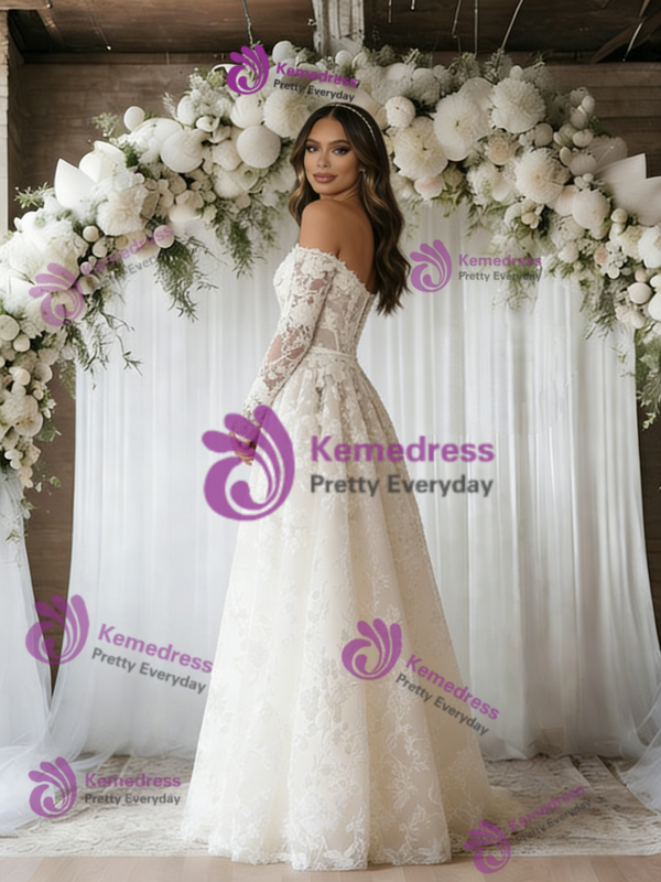 Beige White Lace Long Sleeve Wedding Dress