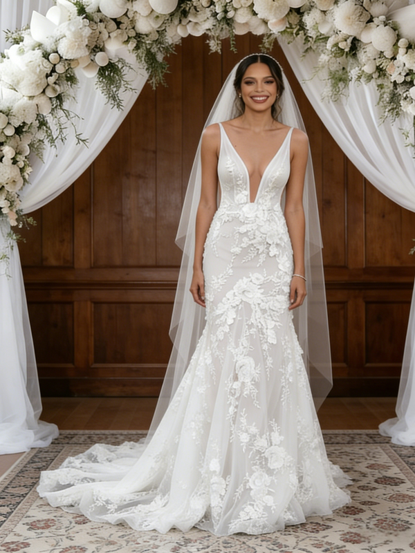 White Mermaid Tulle 3D Flower V-neck Wedding Dress