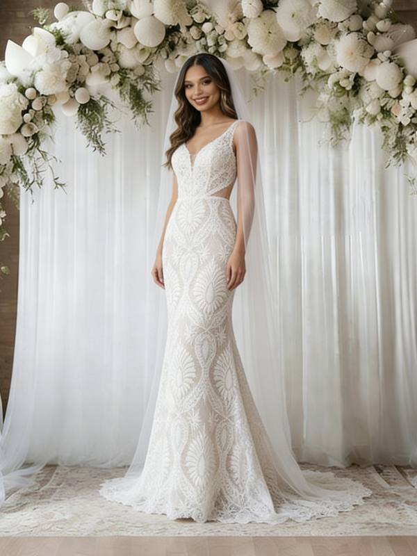 White Mermaid Lace Straps Backless Wedding Dress