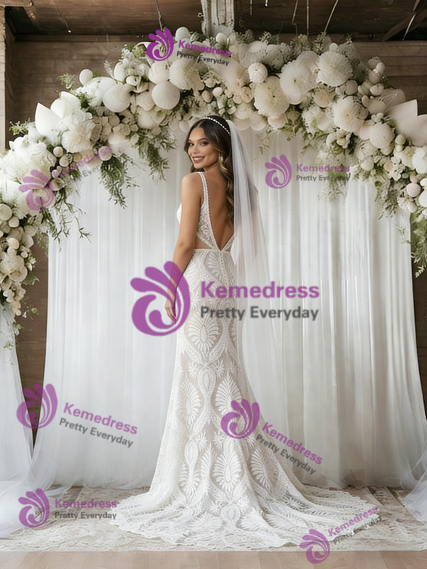 White Mermaid Lace Straps Backless Wedding Dress