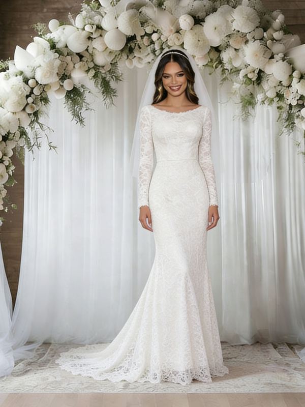 White Mermaid Lace Long Sleeve Wedding Dress