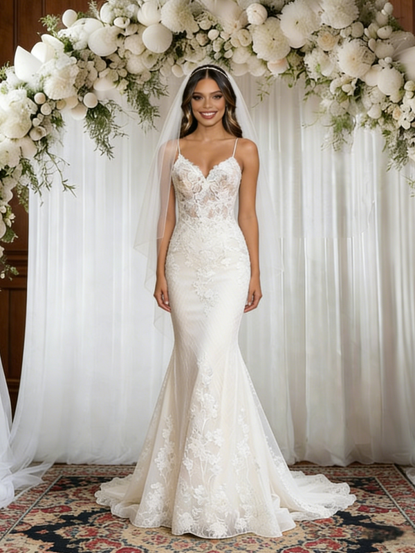 White Mermaid Tulle Appliques Spaghetti Straps Wedding Dress