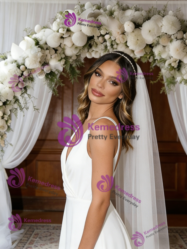 White V-neck Pleats Wedding Dress
