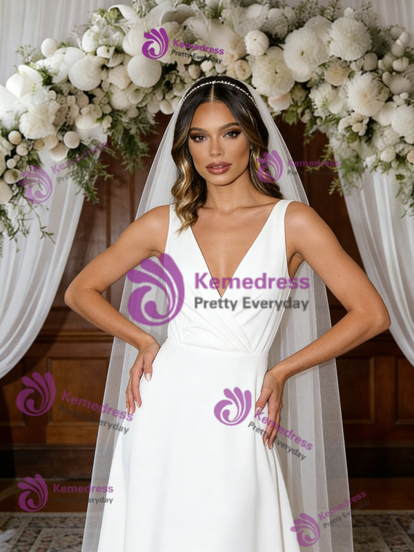 White V-neck Pleats Wedding Dress